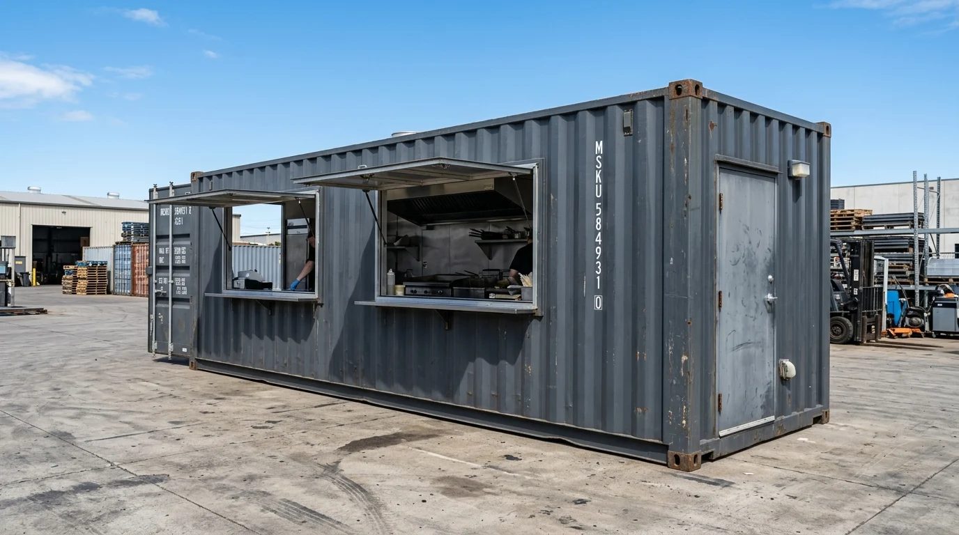 Container cozinha cinza externo com janelas