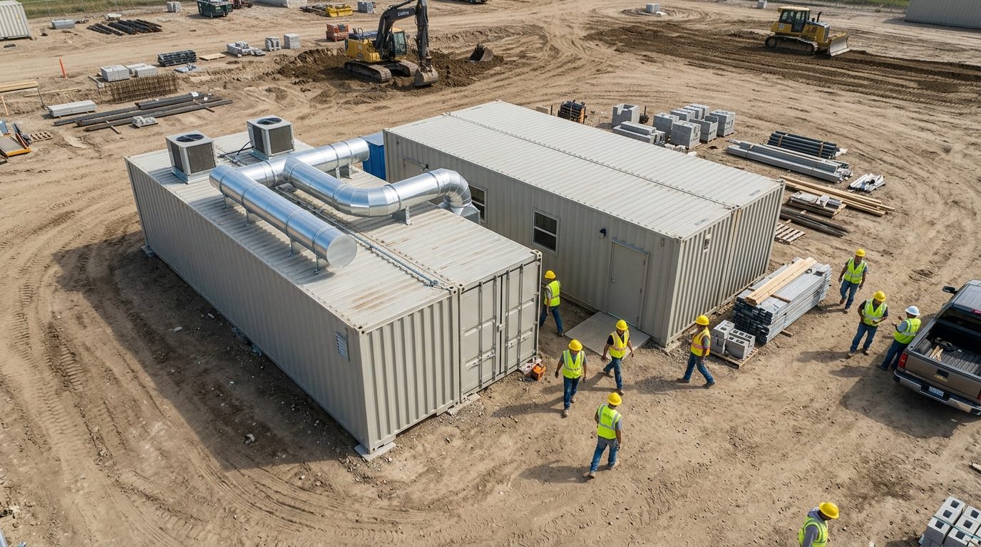 Vista aérea do canteiro com containers instalados