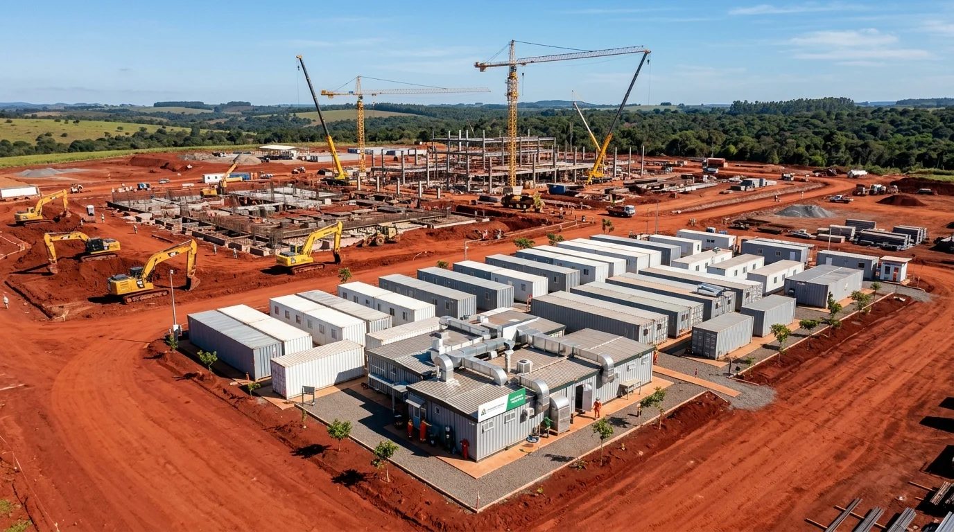 Interior da cozinha industrial com bancadas em aço inox